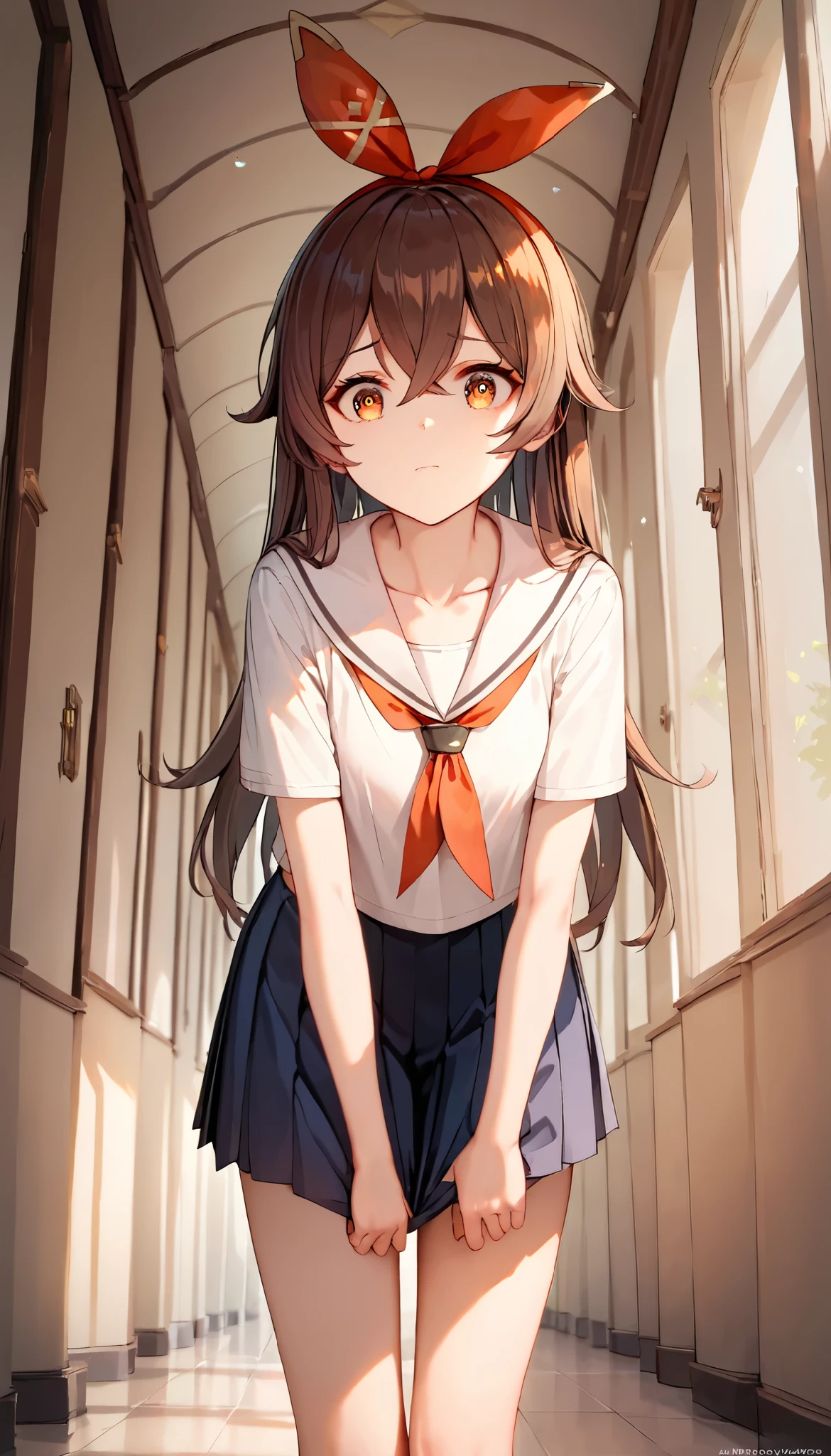 score_9, score_8_up, score_7_up,source_anime, high res image,masterpiece,best quality,girl,cute face,clear skin,amber_genshin, school hallway, white sailor fuku, pleated black miniskirt, collarbone, standing, cowboy shot, leaning forward, concerned, worried, view from below