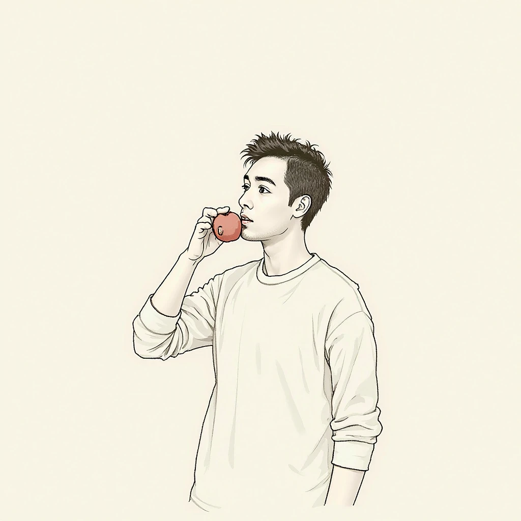 Illustration of a man touching his Adam's apple、Men wear Casey、Focus on the neck、The illustration is from the right side of the man.、Touching the Adam's apple with the right hand、Only one man、No fruit appears