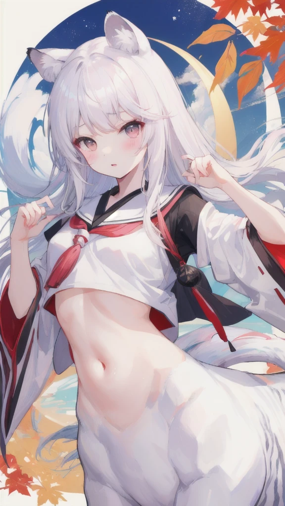 (best quality, masterpiece), 1 girl, centaur, It takes, White skin, Japanese , exposing the abdomen,belly button t-shirt, beautiful girl perfect wolf photo, perfect wolf photo