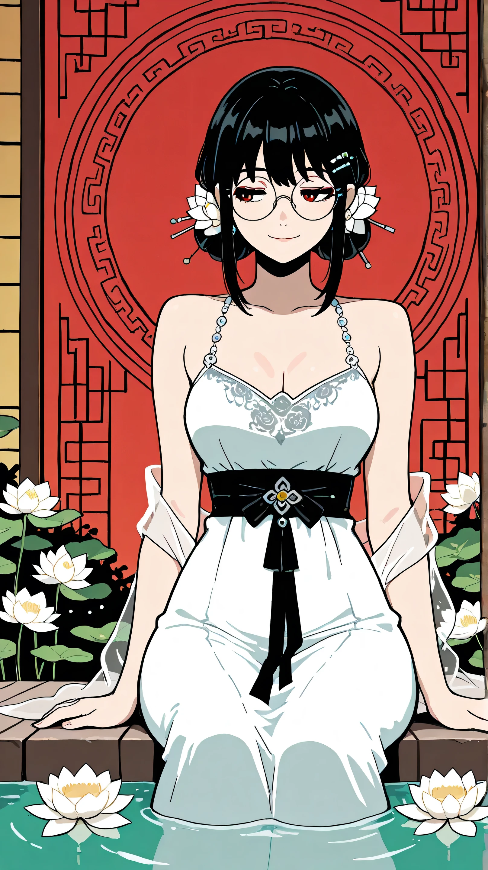 Masterpiece, Best Quality, Top Quality, Very Detailed, An anime-style illustration of a beautiful woman with dark hair tied in an elegant bun, adorned with delicate hairpins and floral accessories. She wears round glasses and a traditional Chinese-style dress with intricate embroidery. She is relaxing in an outdoor hot spring bath under the moonlight, surrounded by floating red and white lotus flowers. Her semi-transparent shawl drapes over her arms, and the water glows softly, reflecting the warm ambient lights of a traditional Chinese courtyard in the background. The atmosphere is serene and enchanting, blending modern and historical aesthetics.