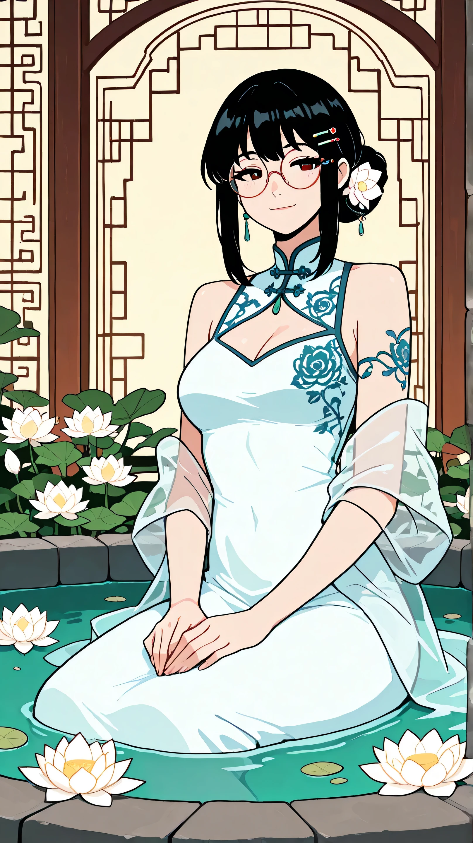 Masterpiece, Best Quality, Top Quality, Very Detailed, An anime-style illustration of a beautiful woman with dark hair tied in an elegant bun, adorned with delicate hairpins and floral accessories. She wears round glasses and a traditional Chinese-style dress with intricate embroidery. She is relaxing in an outdoor hot spring bath under the moonlight, surrounded by floating red and white lotus flowers. Her semi-transparent shawl drapes over her arms, and the water glows softly, reflecting the warm ambient lights of a traditional Chinese courtyard in the background. The atmosphere is serene and enchanting, blending modern and historical aesthetics.