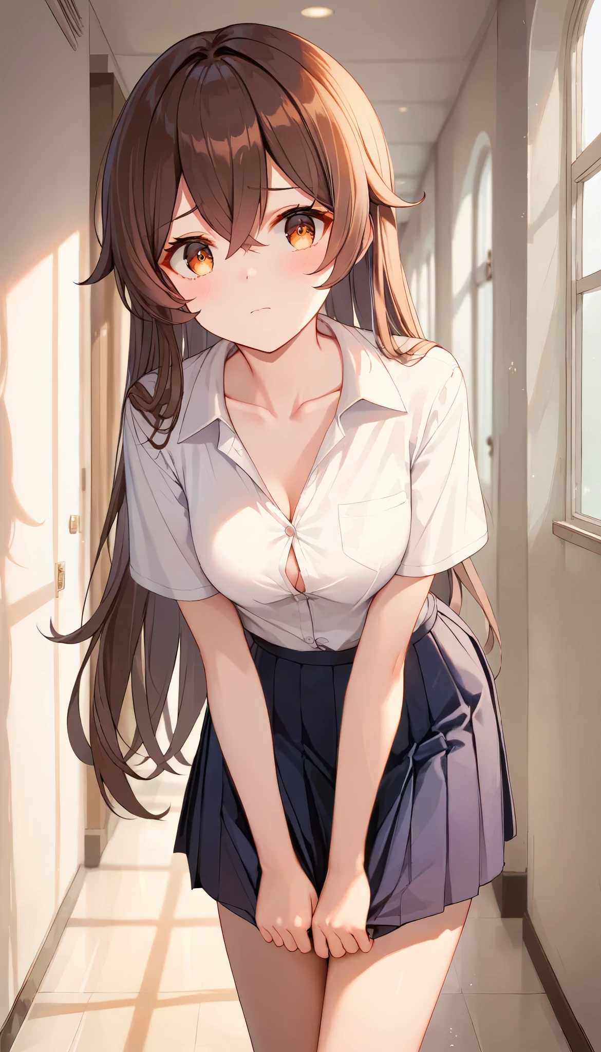 score_9, score_8_up, score_7_up,source_anime, high res image,masterpiece,best quality,girl,cute face,clear skin,amber_genshin, school hallway, white button-up shirt, pleated black miniskirt, collarbone, standing, cowboy shot, leaning forward, concerned, worried, view from below