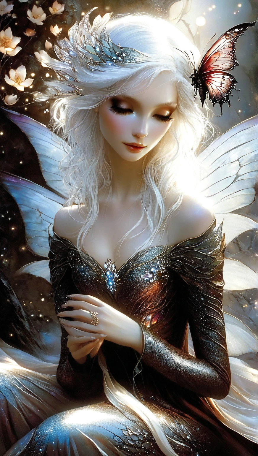 we_fairy, oil painting, young fairy woman with black wings, in a deep moor, silver hair, she is bored, gothic style, moonlight, , <lora:we_fairy_flux.safetensors:1.0>,