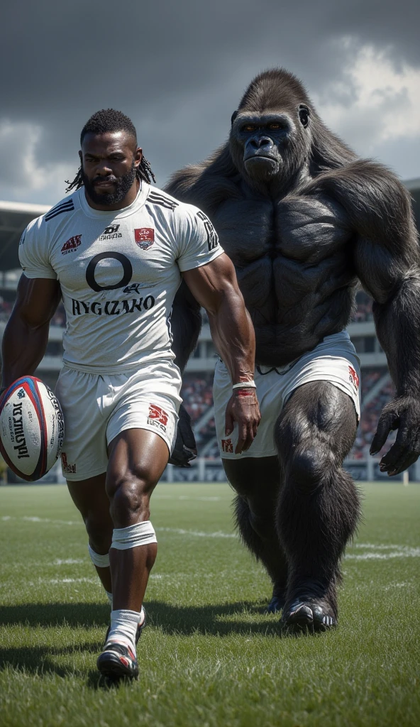 male gorilla, muscular athletic, naked, standing on a soccer field posing sensually, Wearing sports shorts down showing his big erect penis, shirt rolled up showing his torso, wearing a cap, during the day, NSFW, whole body, well detailed, Good quality, big body