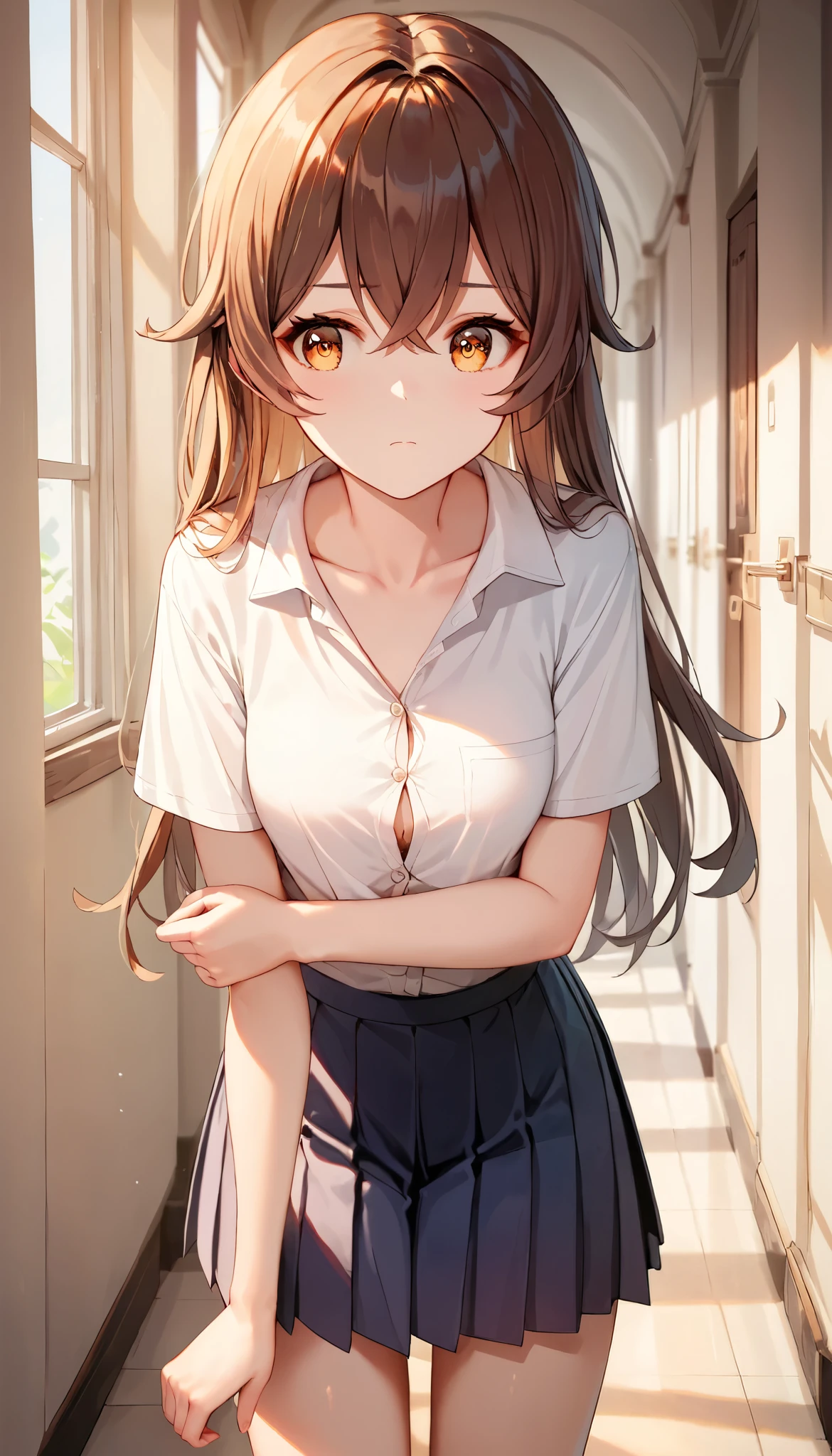 score_9, score_8_up, score_7_up,source_anime, high res image,masterpiece,best quality,girl,cute face,clear skin,amber_genshin, school hallway, white button-up shirt, pleated black miniskirt, collarbone, standing, cowboy shot, leaning forward, concerned, view from below