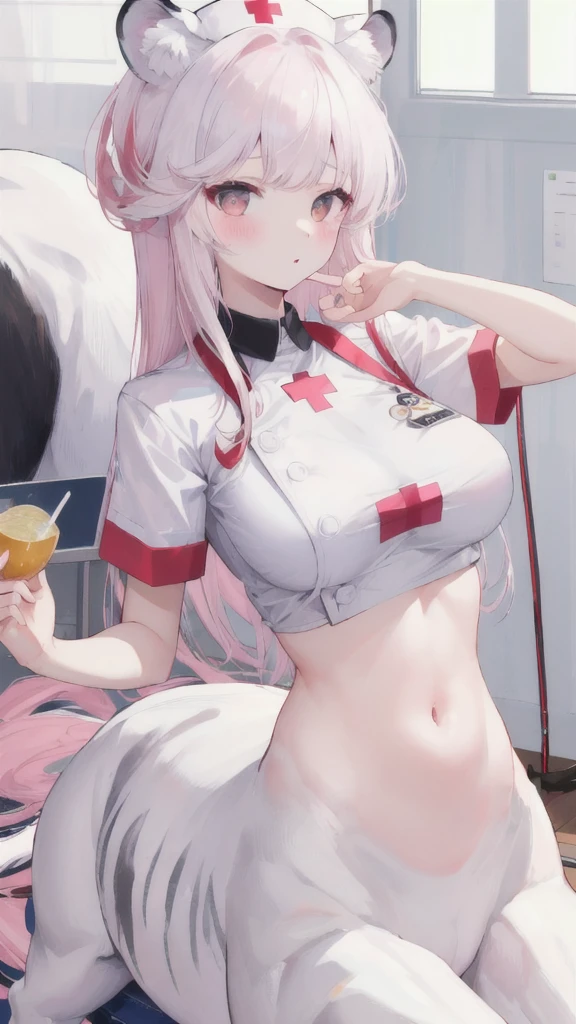 white hair, red eyes, woman, , masturbate pose, white hair, red eyes, long hair, masturbate, nude, medium breast, charming sex face, nurse uniform, in hospital