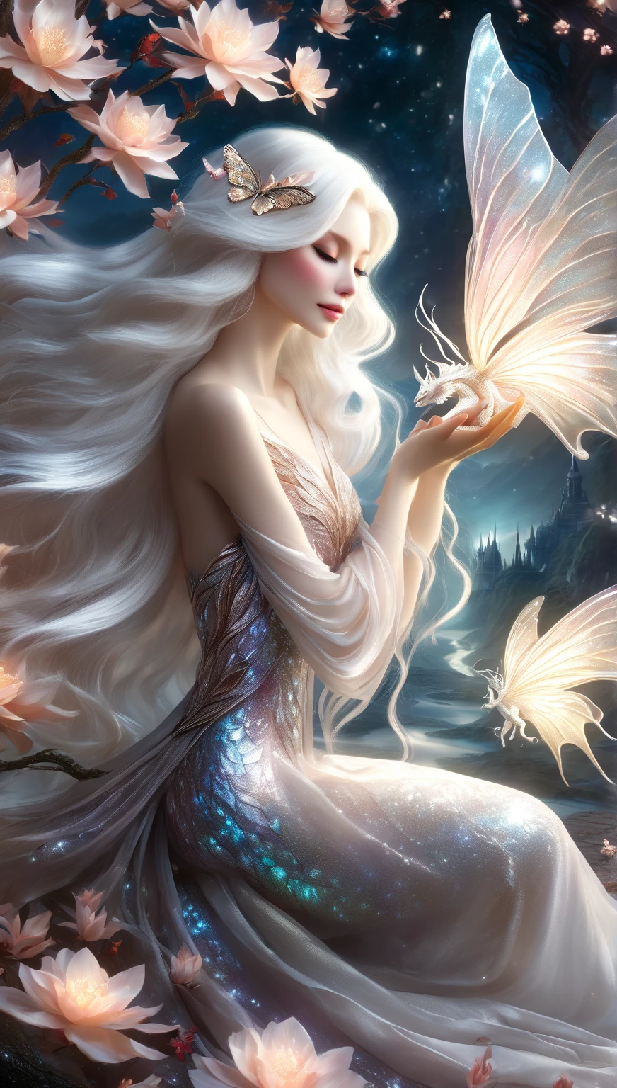 {-erro_de_anatomia:1.0} There is a white unicorn girl, blue mane and long mane, white unicorn, unicorn, unicorn horns, A unicorn, celestia, Nine stories, blue unicorn, soft dreamy, cinematic light《fangs》Unicorn in, mythological creatures, a mythical creature, Pokémon illustration, unicorns, a glaceon princess, white dress, opal eyes. Auroracore, ghostly iridescent, image good for rendering, sitting on the water, backwards, looking back. unicorn girl, full body.