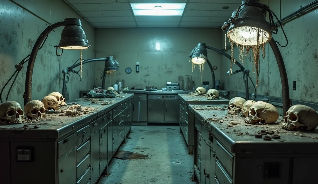butcher's workshop,raunchy,The dim,Full of red rust,The floor is covered in blood and viscera..A large chunk of meat is hanging from the ceiling..On the workbench by the wall, There are instruments of torture.A very big scary machine that makes minced meat.Like a scene from a horror movie