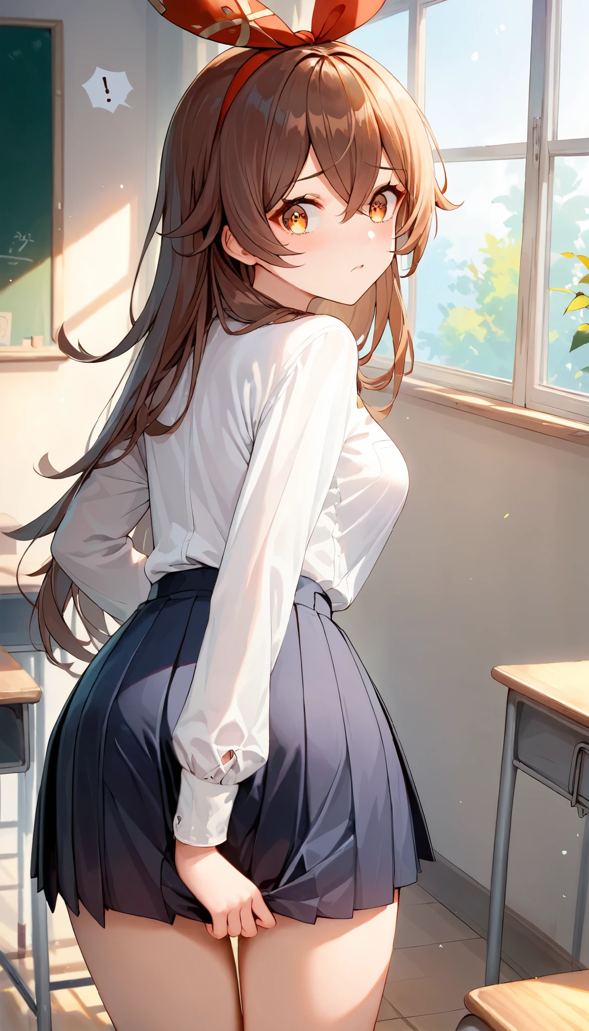 score_9, score_8_up, score_7_up,source_anime, high res image,masterpiece,best quality,girl,cute face,clear skin,amber_genshin, white button-up shirt, pleated black miniskirt, classroom, cowboy shot, looking back at viewer, leaning forward, embarassed, (lace panties:0.7)