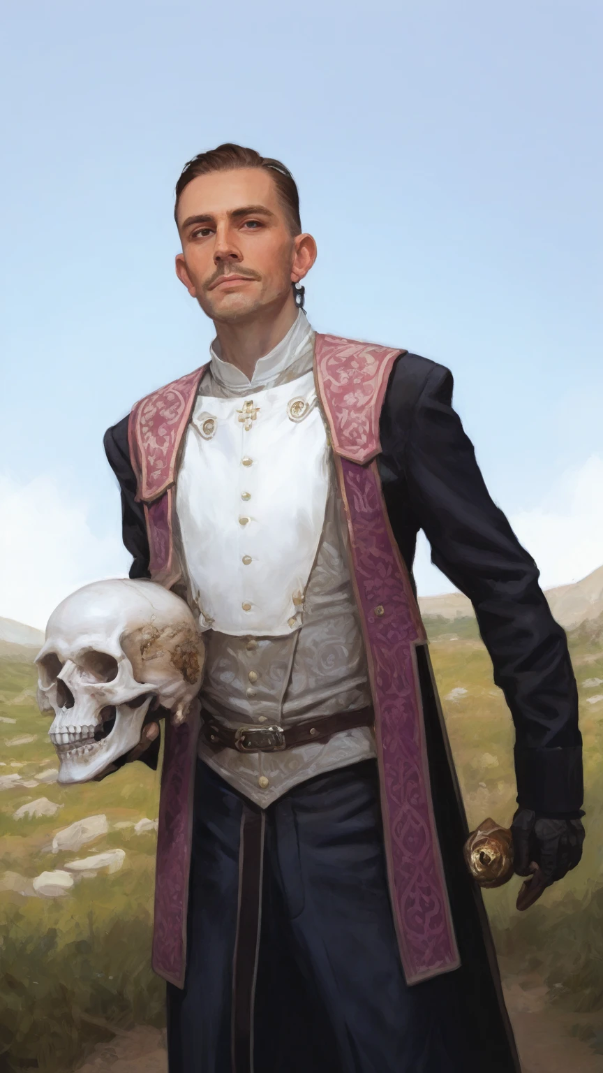 Black-skinned knight dressed in silver armor, wearing a purple tabard with a clerical stole resting on his shoulders holding a silver skull-shaped helmet