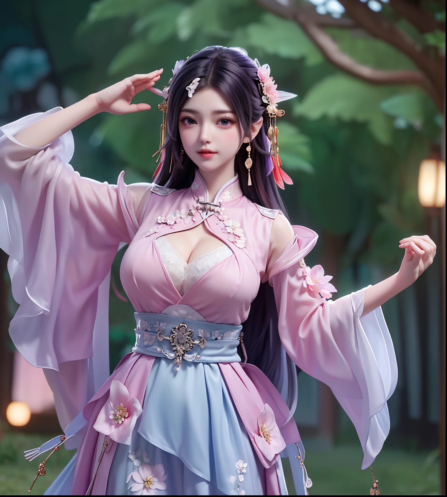(8k, RAW photo:1.2), best quality, ultra high res,dramatic angle,(fluttered detailed color splashs), (illustration),(((1 girl))),(long hair),(rain:0.9), (Headdress:1.4),There is an ancient palace beside the girl,Hanfu,(Key Points),Color ink painting,(Splash of Color),Splash of Color,(((colorful))),(sketch:0.8) , Masterpiece, best quality, beautiful painted, highly detailed,(denoising:0.6),[splash ink],((ink refraction)), (beautiful detailed sky),moon,highly,detaild,(masterpiece, best quality, extremely detailed） CG Unity 8k Wallpaper，masterpiece，best quality，Ultra Detailed），（Lycoris）. hanfu   open V-chested clothes Thin silk lace dress short skirt , (huge ，cleavage),, white pink, blue ，best qualtiy，tmasterpiece，Ultra-high resolution，（Reality：1.4），RAW photogr，（True skin texture：1.3），（filmgrain：1.3），（Selfie angle），1个Giant Breast Girl，Beautiful eye and face details，tmasterpiece，Best quality at best，，The chest more exposed， detailed hair, bra pink , detail 8k, full body, lace petticoat, fan handle