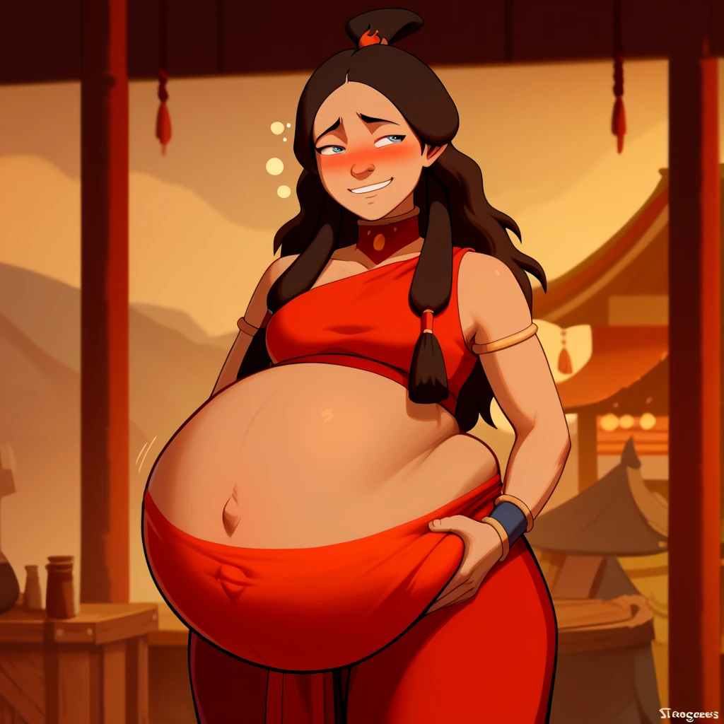 score_9, score_8_up, score_7_up, score_6_up, score_5_up, score_4_up, rating_questionable, KataraFire, sexy pose, ((belly stuffed)), ((huge belly)), ((Very drunk)), ((staggers)), (tight red clothes) ,dark skin, shy smile