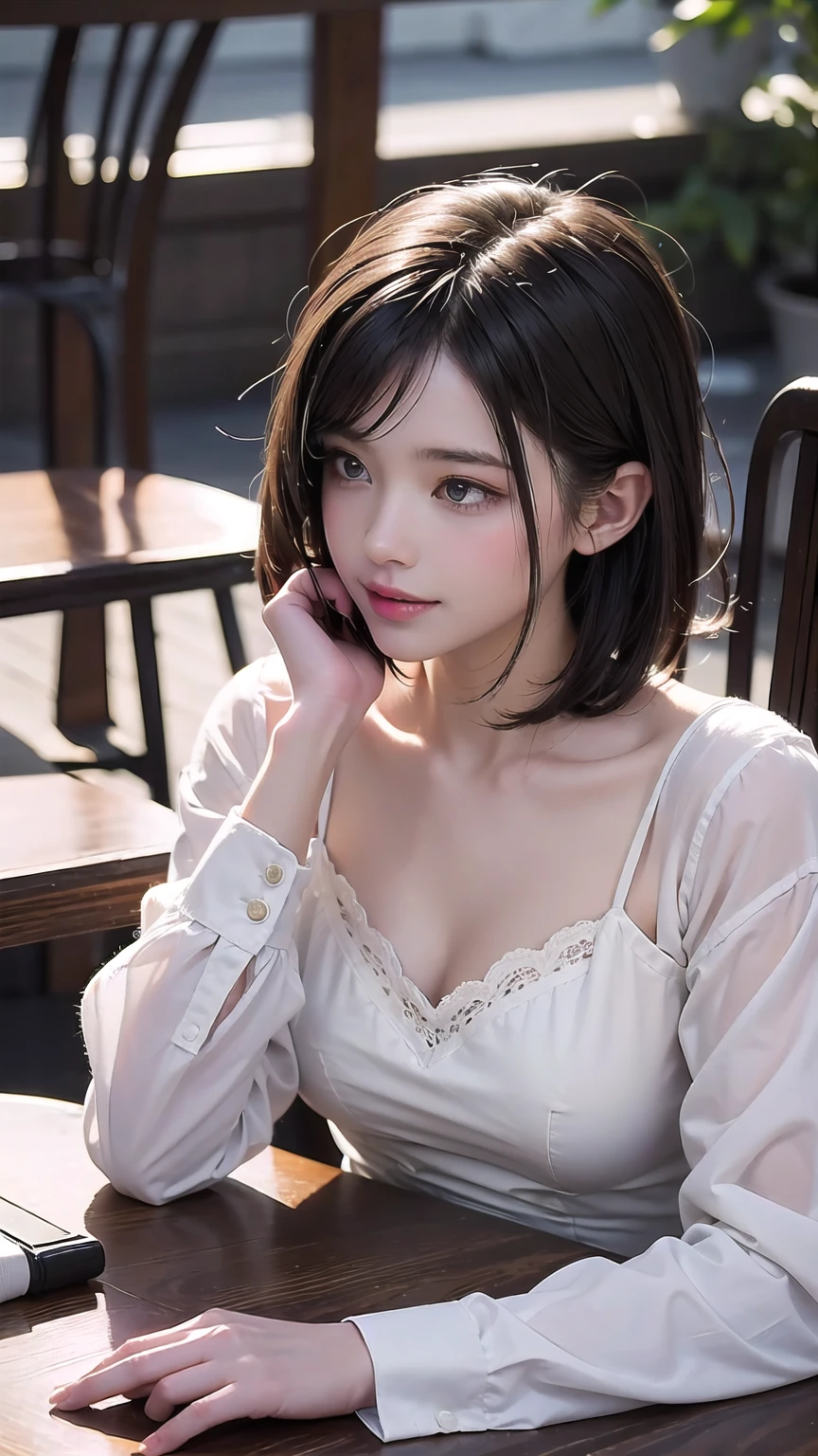 (table top:1.4、highest quality:1.4、best image quality:1.4、Beautiful adult woman full of charm with cute adult smile:1.4、beautiful teeth、lip gloss、brunette short bob hair、shiny and glossy hair、光沢のあるbangsを持っている:1.4、bangs:1.4、short shiny hair with long locks,,,,,,、long neck:1.4、please show me your ears、tall supermodel、Supermodel with broad shoulders、{Huge|big|Hugeな|mega} chest, Beautiful chest have cleavage)、(cute high school girl、off-shoulder white see-through shirt、Short plaid see-through pleated skirt、28 years old)、Very cute and attractive woman