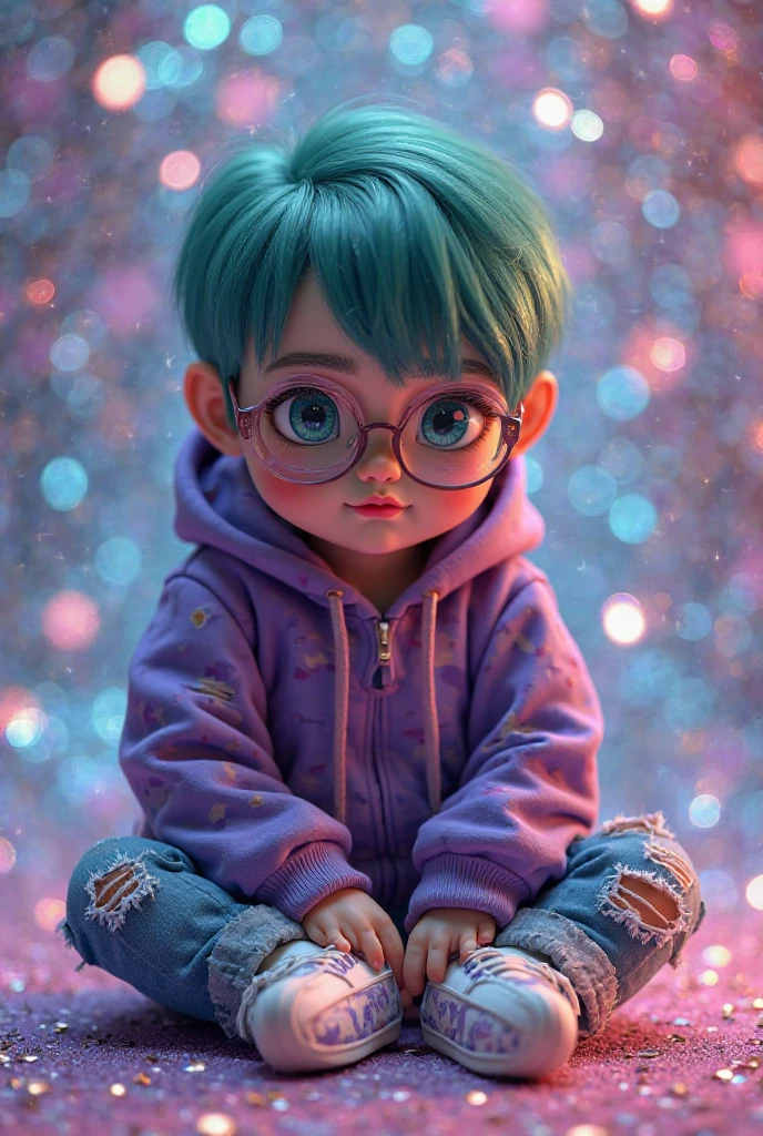 loli menino, bonito e fofo, wearing prescription glasses, jaqueta amarela, moletom branco, babyface, Estilo Chibi, bicolored lilac and blue hair, olhos de detalhe perfeito, rosto delicado, CG perfeito, Qualidade de imagem HD, fundo simples