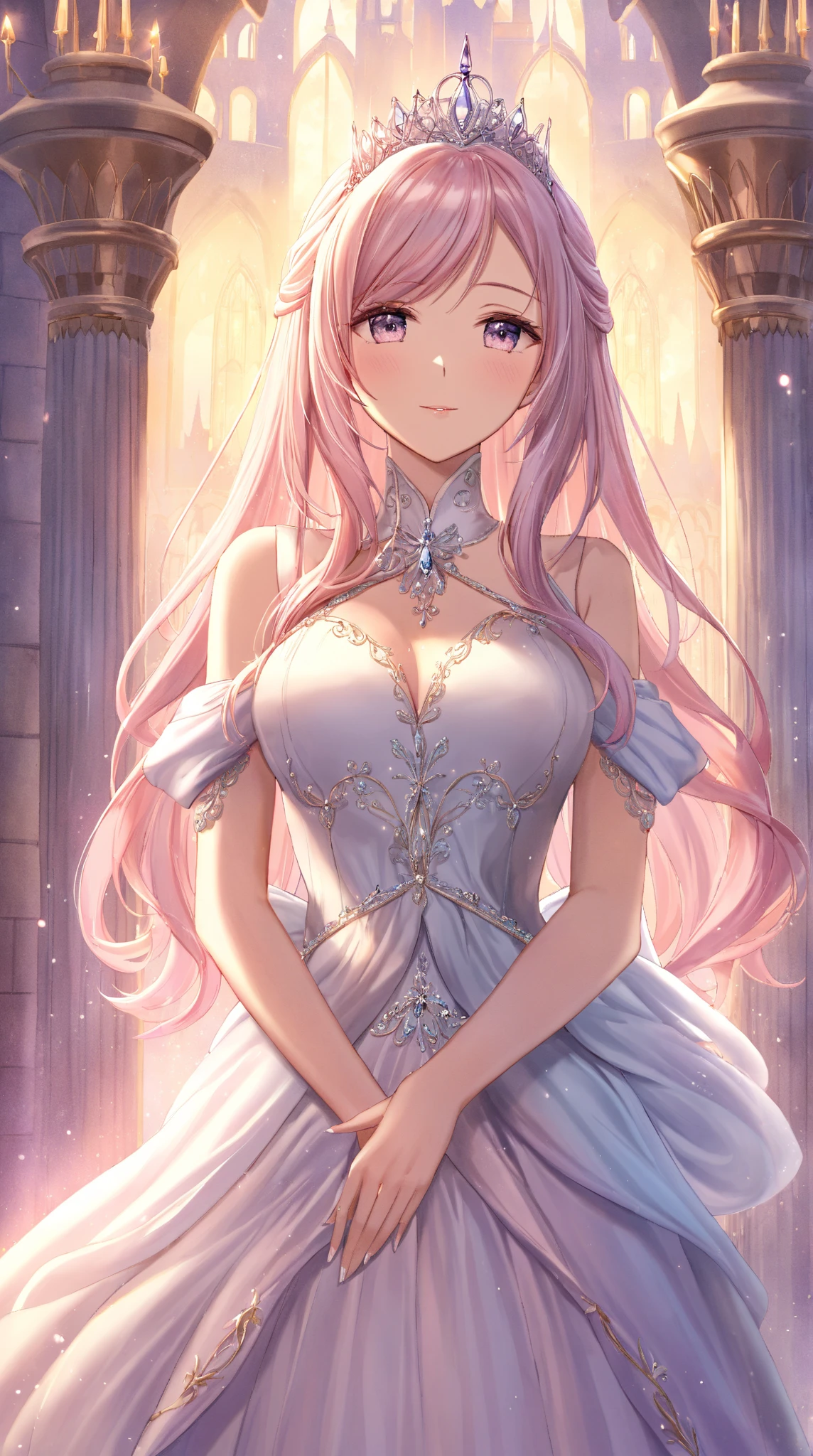 {{{{masterpiece}}}}, {{{super detailed}}}, {{{High resolution}}}, {{excellent anatomy}}, (((highest quality))), ((very delicate and beautiful)), {{very detailed and delicate}}, extremely detailed, solo, One female、best style、beautiful woman、The most beautiful woman in the world、(Sheer sexy dress:1.5),((big breasts))、(((long pink hair)))、Inside the chalk palace, baroque architecture, elegant walkways between towers, in luminist baroque style, royal palace, Baroque symmetry, Italian Renaissance architecture, Endless corridors, Rococo architecture, baroque palace,extremely detailedな瞳, solo, perfect face, pretty face, highly detailed face,Rich facial expressions、smile、(muste piece), (best quality)、red eyes、sexy pose、sexy woman、beautiful and detailed design、nipple