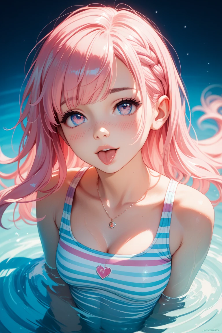 masterpiece, best quality, (dynamic_angle:1.1), (beautiful detailed hair:1.28), (beautiful_detailed_sky:1.23), (beautiful_detailed_cloud:1.12), (beautiful detailed background:1.28), (beautiful detailed splash:1.28), in future, beautiful detailed cityscape, (hair_flows_upside:1.3), (clothes_flows_upside:1.2), (photorealistic:1.1), realistic, (1girl:1.16), (limited_palette:1.16), (pastel color:1.16), (light_smile:1.34), many line in hair, (minute details:1.28), Azure_gradation, future, out doors, drawing, aqua pink theme, multicolored back graound, colorful, solo, (flipped hair:1.16), (gradiant hair:1.5), (multicolored hair:1.5), (pink_hair:1.6), (sky_blue_hair:1.3), (light_green_hair:1.3), middle_hair, (side_braid:1.12), curly hair, beautiful girl in white dress dress lying in very shallow water, body submerged and only face above water, no facial expression, composition from above, hair wet from water