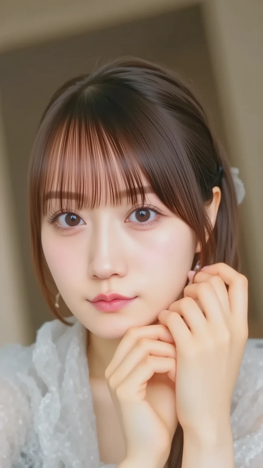 (in 8K, Raw photography, Highest Quality,realisitic, Photorealsitic,extremely delicate and beautiful,Highly detailed, finely detail,ultra-detailliert, high resolution:1.3), japanes, femele, (17 age), Viewer's Perspective, Beautiful and shiny straight semi-long hair, see-through bangs, Embarrassed look, Half-open lips, Draw poses and angles randomly, (Beautiful fece:1.2), (kawaii:1.3)