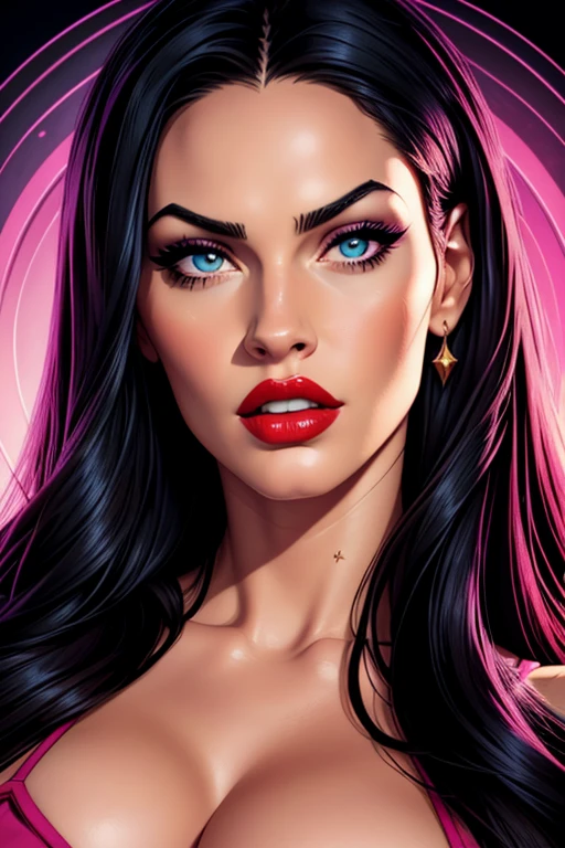Portrait, beautiful woman with black hair and a silky red dress, hourglass figure, symmetrical figure, medium breasts, highly detailed face, beautiful face, calming blue eyes, lush pink lips, alluring, flirting with camera, stunning digital illustration, pink smoke fantasy background, beautiful digital artwork, magenta lighting, glossy digital painting, gorgeous digital art, 4k detailed digital art, beautiful digital illustration, 4k highly detailed digital art, beautiful digital art, realistic digital art 4k, realistic digital art 4k, airbrush digital art