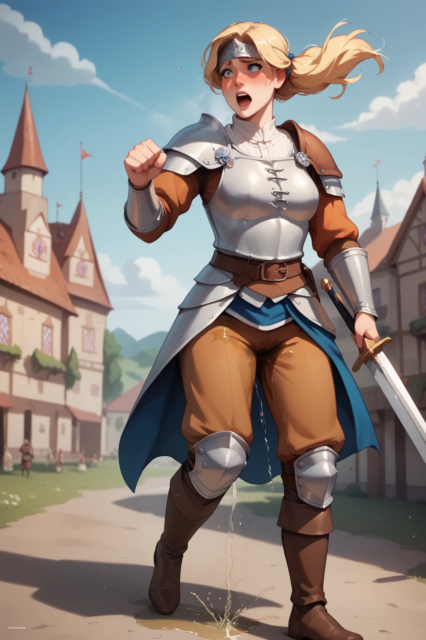 8k high resolution, best quality, 20 years old, dutch girl, blonde hair, medieval times, female mercenary, wearing a simple gambeson and rusty chestplate, battle in backround, very nervous, peeing herself, peeing her armor, pee running down her legs, wetting her pants, visibly peestained pants, wearing tight heavy breeches, on a battlefield at night, sword in hand, running from battle