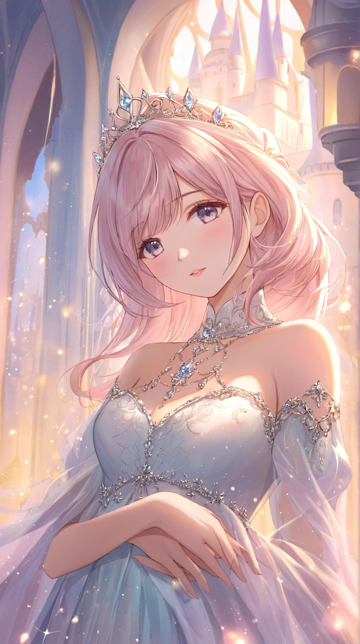 (Highest quality, 8k, 32K, masterpiece, Ultra-high resolution,:1.2),to be born, One Girl,So cute ,Golden background, A fantasy background reminiscent of an electronic world, clear, Shining Eyes, Age 25 ,Fair skin, Pink Haired Girl, Long Hair, An innocent smile, Pierced ears sparkle, An elegant necklace adorns her slender neck., Rings and bracelets decorate the fingers. expensive_Big Breasts, Big Breasts, ponytail, Wizard,, Long Hair