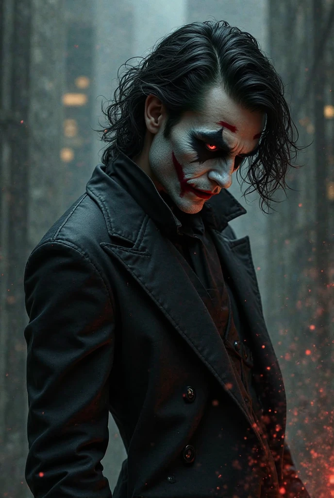 ((portrait)), award-winning photo portrait of a Tiefling with long thin twisted horns, dark red skin, curly black hair, an evil smile, glowing yellow eyes, lion fangs in the role of a Joker\(Joker 2019\), stands in a leather coat with metal chains, brass buttons against the background of a medieval city's night street, ((Portreitshoot)) directional look, cinematic composition, (intricately detailed, fine details, hyperdetailed), ultra-detailed, (backlight:1. 2)