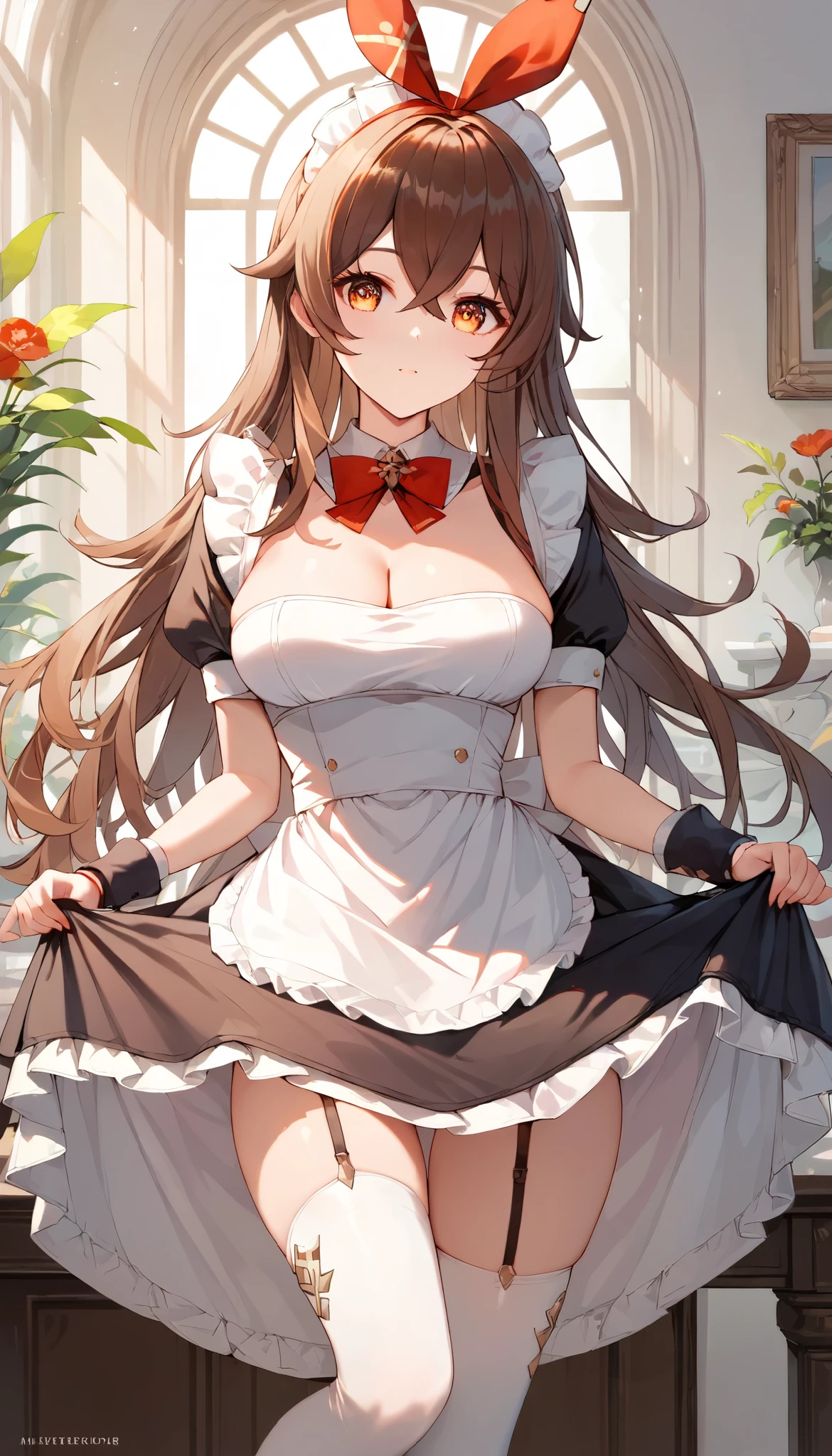 score_9, score_8_up, score_7_up,source_anime, high res image,masterpiece,best quality,girl,cute face,clear skin,amber_genshin, detached collar, maid, maid apron, cleavage, thigh highs