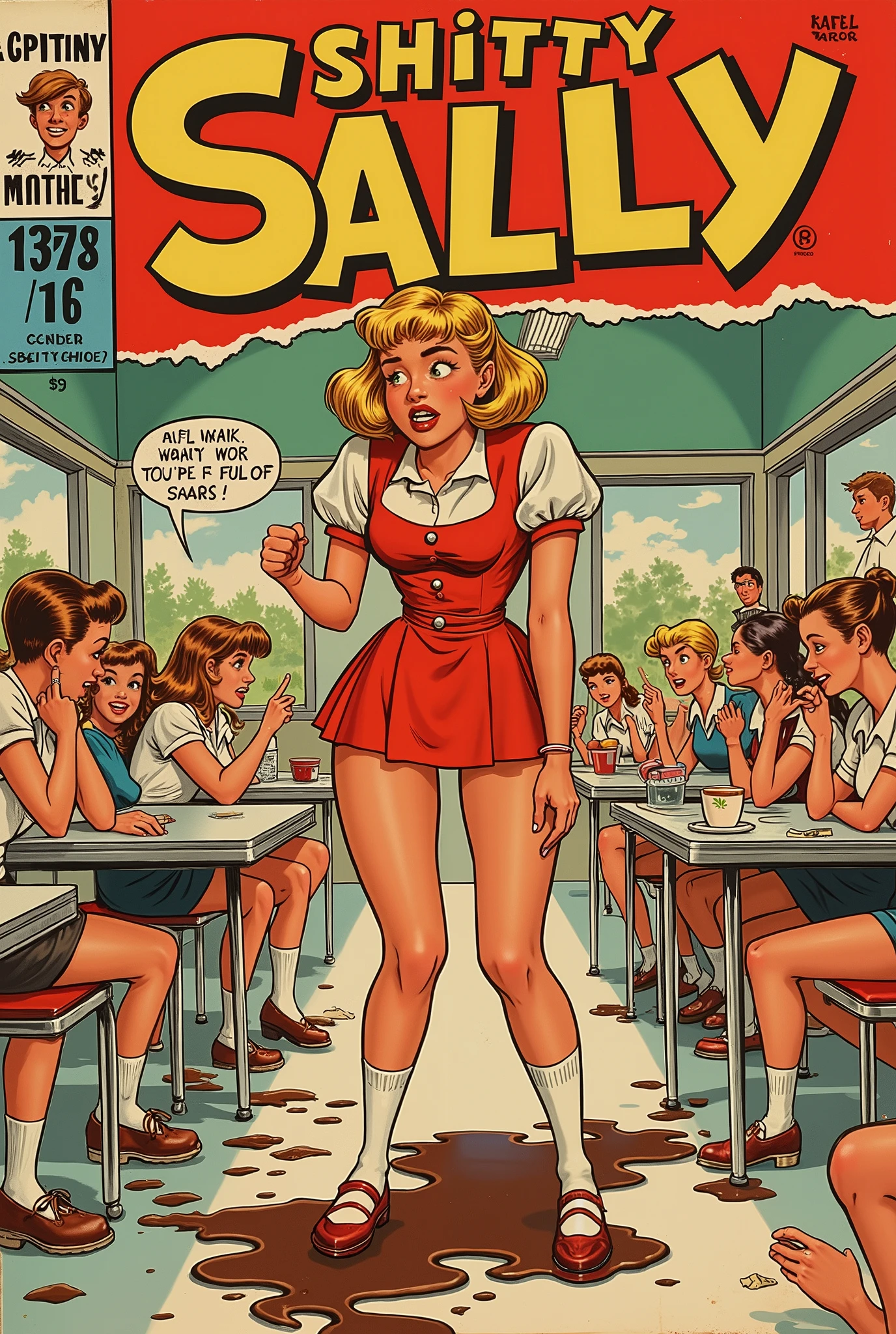 vintage 60s comic book, "SHITTY SALLY", classic funny style comic book font, stroke embossed border, torn cover, worn, collector's item, (show price and publisher logo), cute sweet girl in red dress, ankle socks, saddle shoes, she is in the school cafeteria, her white panties pulled down, a pile of dirty brown syrup and melted brown ooze is under her butt, other students shocked, pointing at her, holding their noses, cute classic cartoon style, retro 60s, bold colors, detailed, erotic, NSFW, lurid and vivid colors, detailed, intricate, gouache paints, Steranko, Bernie Wrightson, Wally Wood, Frazetta, Mort Künstler, Jack Kirby, Warren Kremer, Harvey Comics satire aesthetic, contrast lurid vivid lighting, classic comic aesthetic, Italian fumetto, brown syrup running down her legs, on her shoes