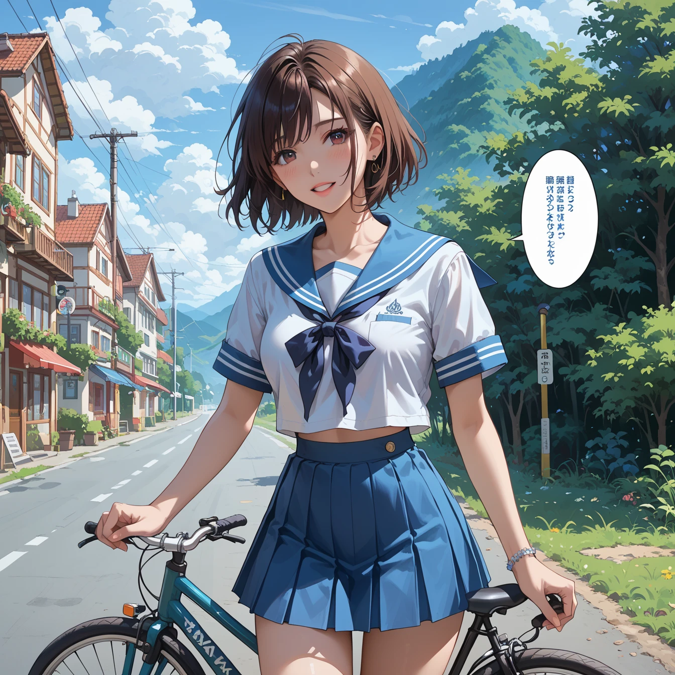 High writing precision, no crushed frames, high precision in the finish of each and every frame, Makoto Shinkai art style, a high school girl in a sailor uniform riding a bicycle up a hill, a summer afternoon, a slope in a port town, the sea is visible, smoke rising beyond the distant mountains, cumulonimbus clouds on a summer day, manga style screen composition, speech bubbles with text, manga with text in Japanese only.