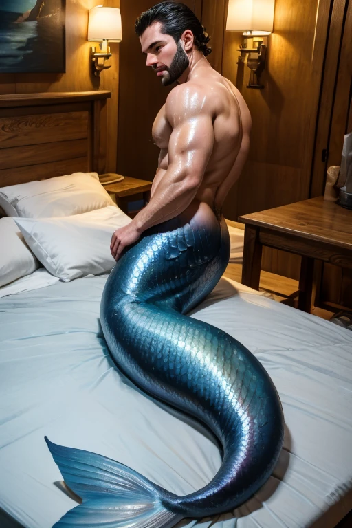 no more characters, handsome, muscle, detailed face, blue mermaid tail, male mermaid, blue eyes(iris color), small beard, medium haircut, merman, laying , visual harmony, epic wallpaper.