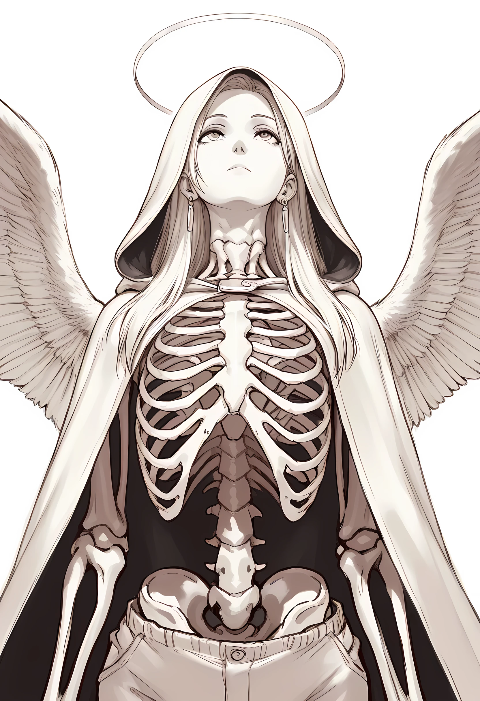(masterpiece), (High resolution), (Very delicate), (masterpiece: 1.2, Highest quality),Darkness, An angel standing in the darkness、The girl who guides the dead to heaven、Cute face、Expressionless、 scribble, nightmare, Doll-like face, Manga Style, rough sketch, Manga Styleイラスト, Japanese painting, whole body,(snap shot), Flat Illustration, Creepy Appearance, Unique atmosphere、White God on a Skeleton、☠、💀、👼、💛