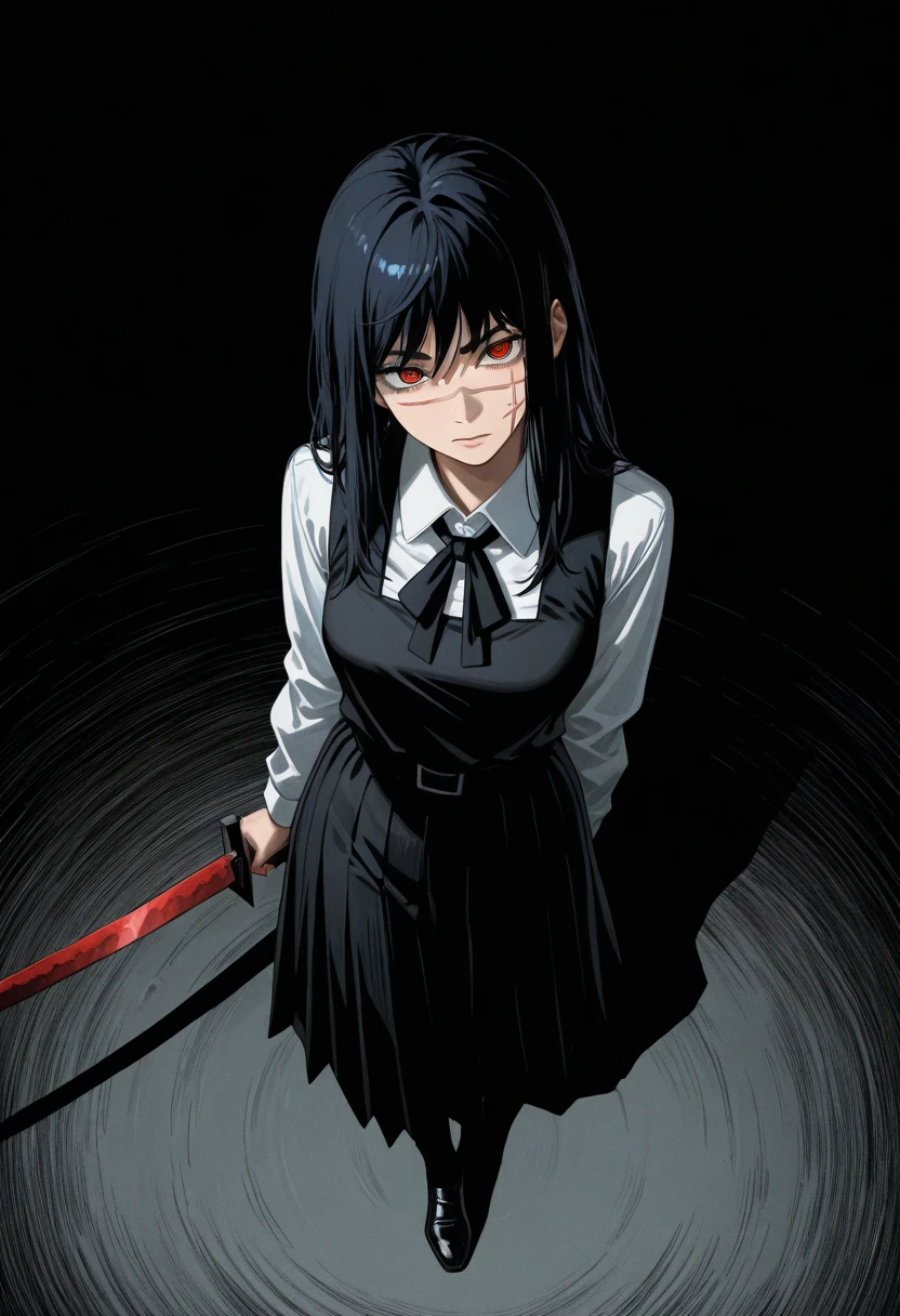 Close-up of a girl in a suit and tie, androgynous vampire, junji ito 4 k, with long dark hair, ito junji art, style of junji ito, Dark Costume, portrait of sadako of the ring, Beautiful androgynous princess, Gentle androgynous princess, with her long black hair, girl in suit, (Lovely Medium Breasts), perfect anatomy, (Gloomy color scheme:1.5), (skinny body)