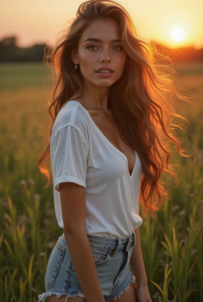 (photorealism:1.2), beautiful woman, standing by a split rail fence near a barn. She has snug fitting blue jeans, cowboy boots, and a white tank top. She has auburn hair past the shoulder that falls in ringlets and big curls. She is posed facing her body to the left of the camera, but staring directly into the lens. She has hazel eyes. The soft summer light comes from behind her and highlights her hair. She has a neutral expression with her lips barely parted.