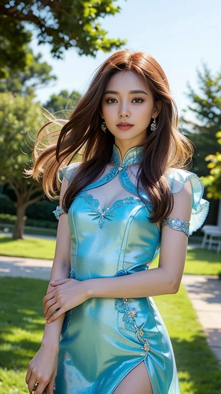 masutepiece, Best Quality, Photorealistic, Ultra-detailed, finely detail, High resolution, 8K Wallpaper, 1 beautiful woman,, light brown messy hair, in a business suit, sharp focus, Perfect dynamic composition, Beautiful detailed eyes, detailed hairs, Detailed realistic skin texture, Smiling, Close-up portrait, Model body type、((Super long brown hair:1.2))、((Hair with loose waves inside:1.2)),((shy smile:1.3)),((gold necklace＿Large earrings:1.2)),full body shot、(((full figure supermodel standing, full body shot, entire body in frame))),((((Flowing blue mini dress adorned with intricate silver embroidery_long sleeve_Thin:1.3)))),((With a smile_running towards here_Long hair fluttering:1.3))((full body shot:1.3))、((full body shot:1.3))