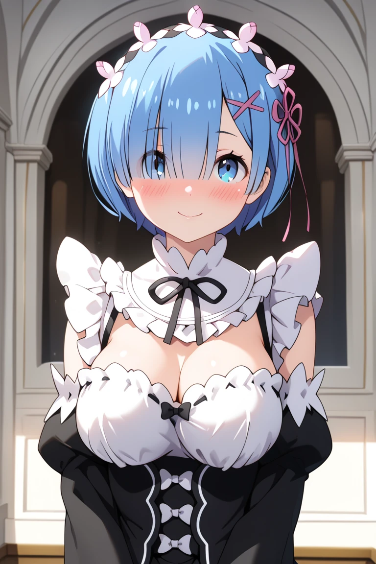 Starting Life in Another World from Zero,Rem,Short Hair,Blue Hair,Blue pupil,Rem風髪飾り,Roswaal Mansion Maid Uniform,Rem風カチューシャ((Big Tits 1.2))（masterpiece：1.6，Highest quality），（Beautiful Eyes：1.2），Hmph_skirt，skirtド，One girl，Blue Hair，solo，E Blue Eyes，× Hair Accessories，Rothvale mansion maid outfit，Landmines，（Dress Lift：1.2），(skirtめくり), looking at the camera, Angle from below, 短いskirt, squat, A shy smile,Cute design panties、，Malicious grin，soloで，Detailed panties