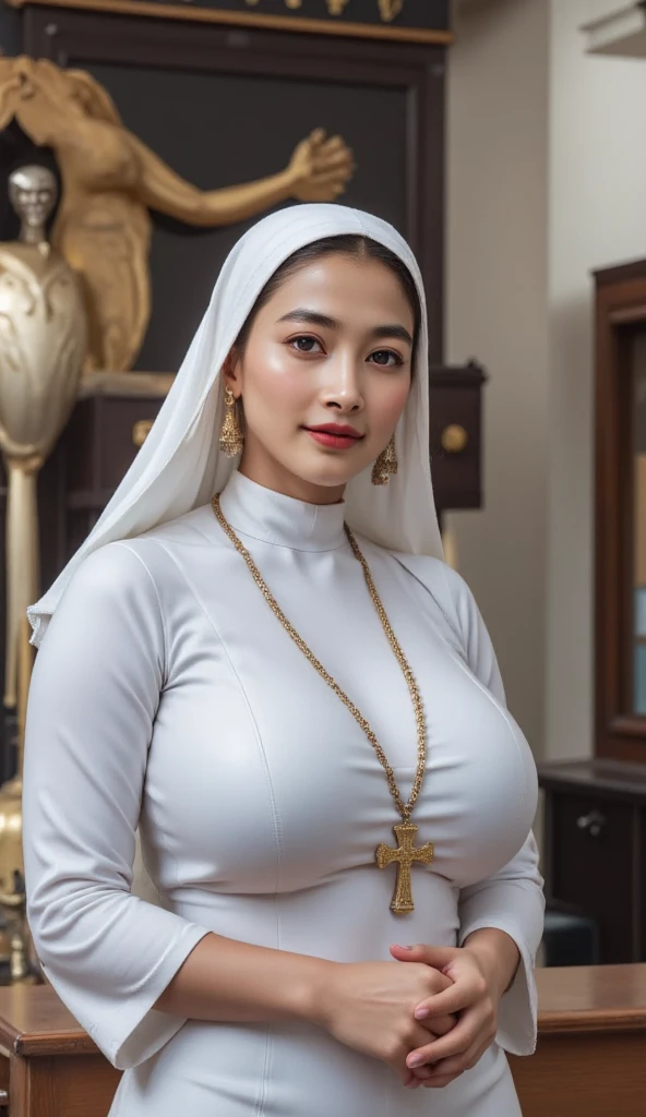 Beautiful Malay woman wearing Malay gamis with black hijab, watery eyes, lips watery, lip glossy, ((big breast)), highlighting her seductive silhouette, no underwear, shy, medium portrait shot, watery eyes, proportional body, (pose:Sitting on the Church pulpit, facing the camera and opening her thighs to reveal her pussy, (up skirt:1.6), (exposed Pubic hair:0.9), (show pussy:0.1), (view from bellow, low angles), Onepiece, Detailed, morning, Sunrise, High resolution, ultra-quality, Super masterpiece, Colored leaves, ultra detail, ((Beside him was a man:1)), inside the church