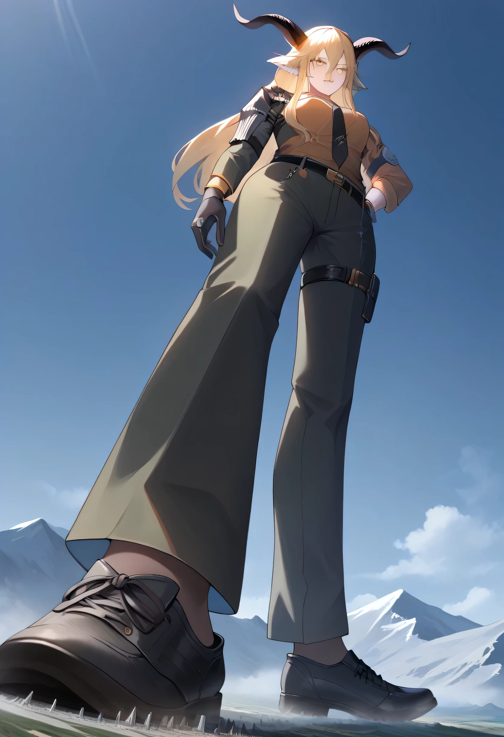 score_9, score_8_up , score_7_up ,Degenbrecher,  1girl , Alone, goat horns, goat ears, yellow eyes, blonde hair, long hair, hair between eyes, bangs, jacket, shirt, necktie, pants, belt,  bracelet, armor shoulder, gloves, tight strap, military uniform, giantess, microcity, women bigger than the mountin, crushed mountain, Collapsed mountains, There is a city at the foot of the mountain, looking here, from below,  Panorama , UHD, textured skin,shoes,shoesの裏,Trying to step on it,Dust cloud,detailed faces,beautiful faces