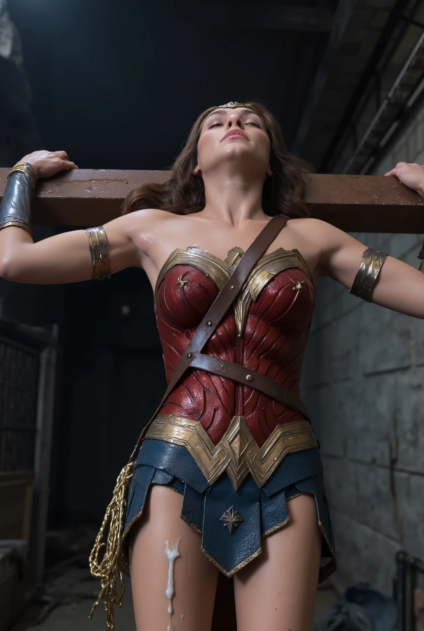 Gal Gadot is Wonder woman, a Wonder woman is crucifixion on the cross, very bright white skin, brown hair, unconscious, eyes close, never smile, bound arms to the cross by chain, a lot of chains bound tighten on her arms, painful face, Excruciating pain face, white cum on her skirt, photorealistic, hyper realistic, whole body visible, in the night, in the underground prison,