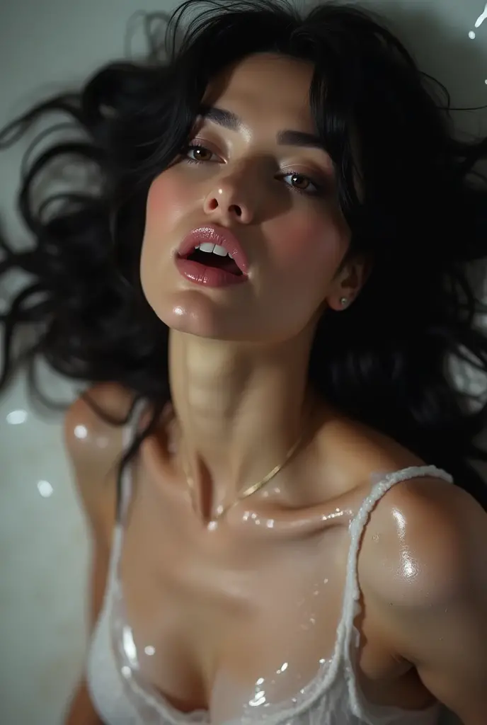 a hot lady, bare shoulder, sweaty skin droplets, shoulder off, red lips, wet hair, medium shot, rainy short dark cinematic, cleavage visible, one shirt strips goes down, trap in a muddy room, full cinematic shot, small room, lying on ground top view