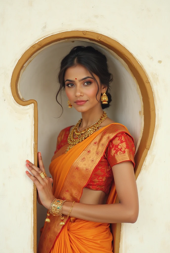 A beautiful woman in a white saree red border pallu on head with bindi Bengali style and a mole in her face standing full body displayed realistic
