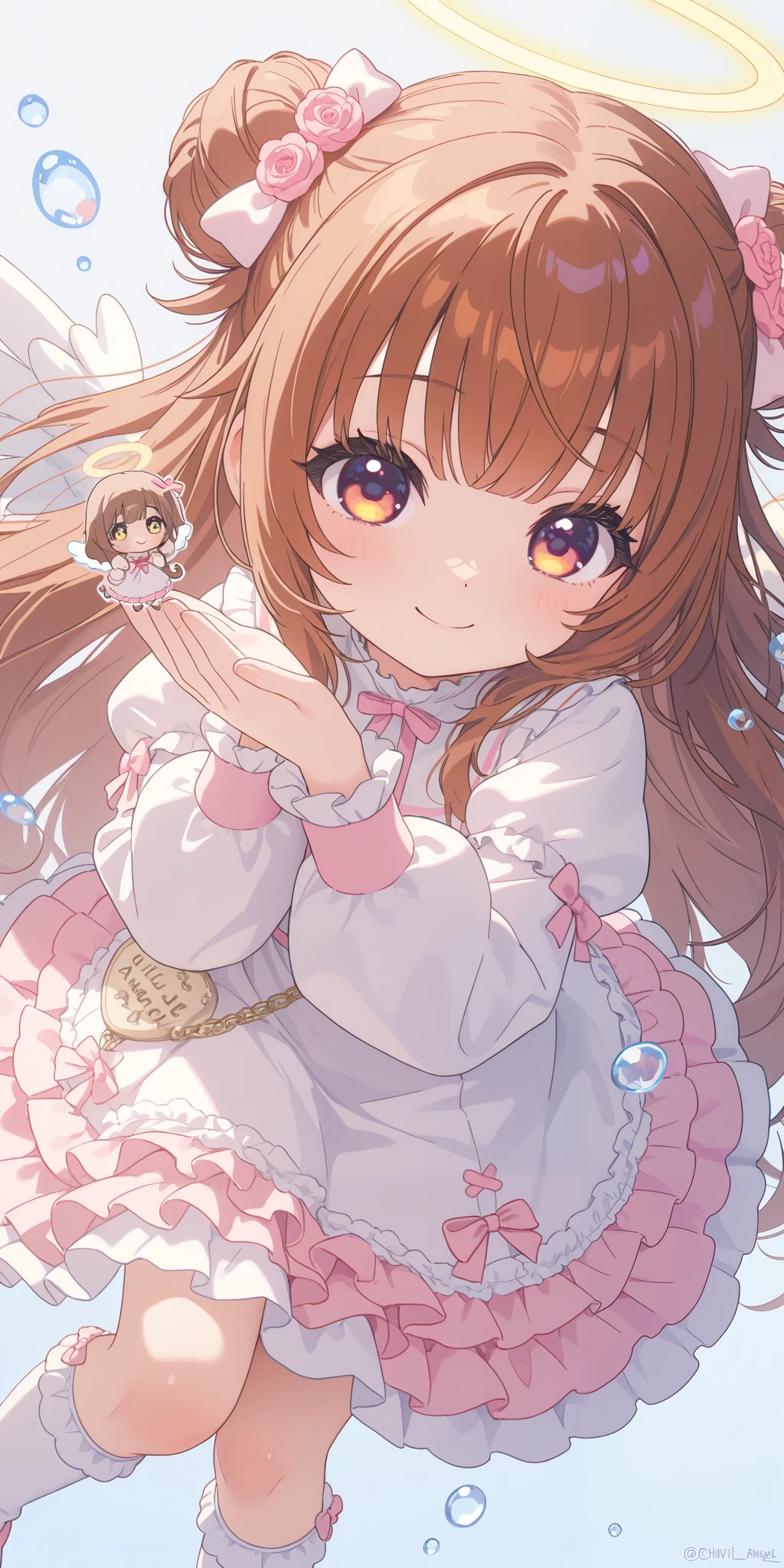 solo,1girl\((chibi:1.5),cute,kawaii,(brown hair:1.4),(very long hair:1.6),bangs, hair buns, yellow eye,big eye,beautiful shiny eye,skin color white,hairbow, puffy sleeves, knee high socks,( pink frilled dress:1.3), (little angel:1.5), pastel colors, breast,cute pose,cute hand, sign,smile\),background\(some roses,cute water drops,((beautiful sunny day))\),,close-up girl,dynamic angle,3d,(((dynamic pose))),from above,masterpiece,best quality,newest,