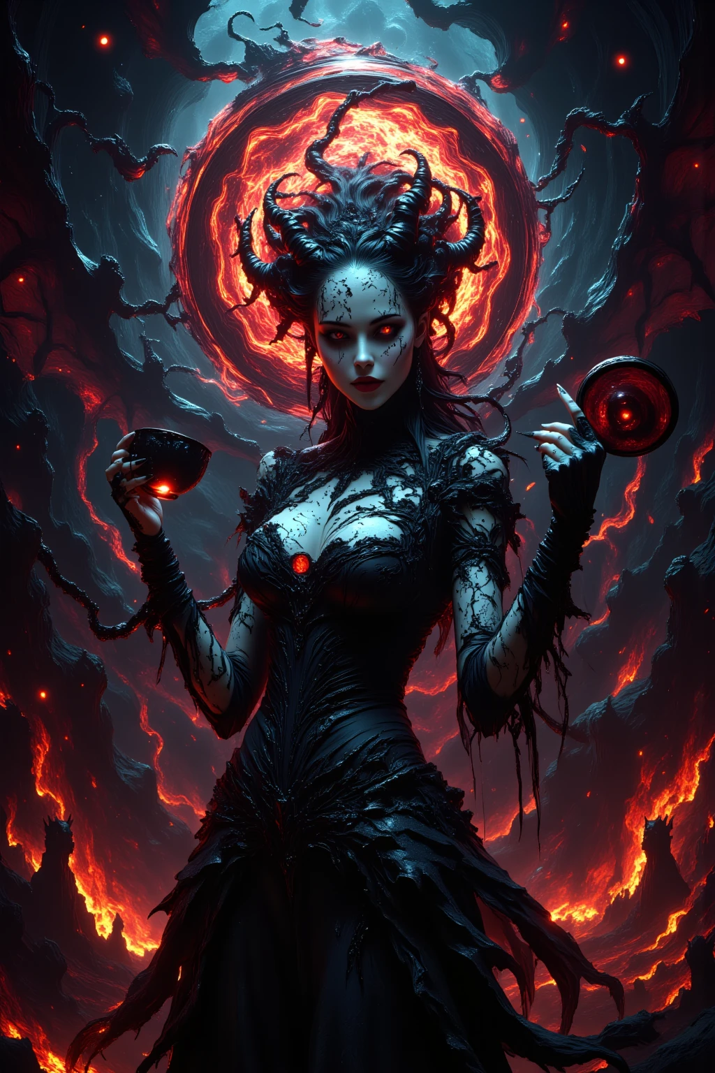 Portrait of a terrifying demon, candles behind her, missing flesh, exposed bone, skeletal features, in a dark room, explosion of liquid splash blood, highly detailed, fantasy background, illustration, dungeons and dragons first edition