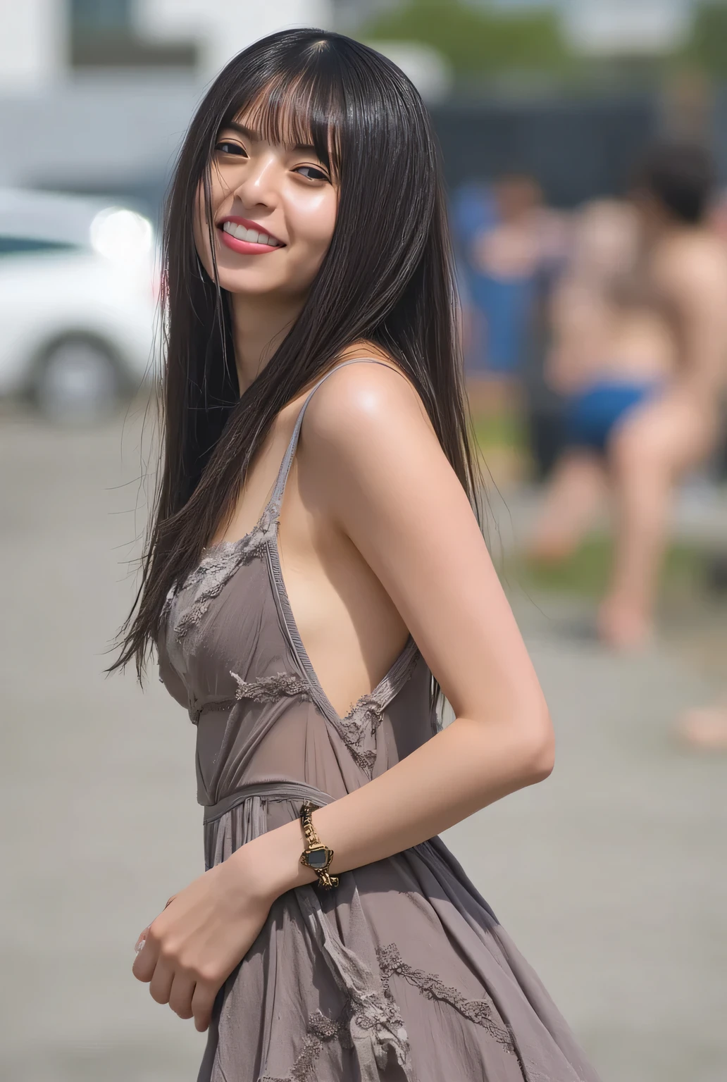 ((( High Resolution , top quality, very detailed, masterpiece , Extremely Detailed Photos , realistic , real people , ultra-detailed skin))) , by the pool , ( from front ) , full body , advanced shot , viewers , ( giggle face , open your mouth wide ) , { crunch down at the pool , water drop , the hair is wet : 1.8 } , black hair , medium hair , medium breasts , Chest and hip , (( wearing the bikini and the dress that is transparent : 1.8)) , { nsfw } , evening