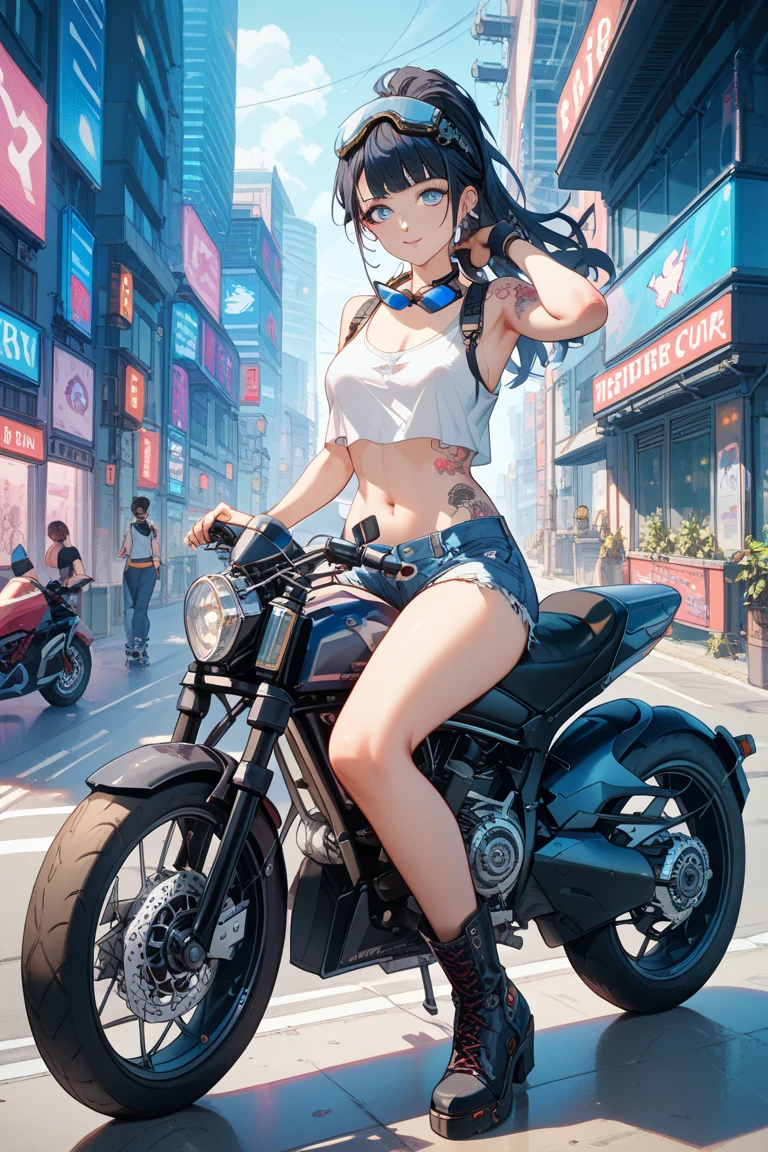 Hiten_kei style, oil painting, rough style, desert, neon light signage, cyberpunk, cactus, (1girl), extreme detailed, highest detailed, unity 8k wallpaper, ultra detailed, masterpiece, best quality, topless, nipples, stomach, helmet, goggles, latex pants, barechests, waist pouch, dirty gray hair, ponytail, long hair, smiling, small breasts, arm strap, motorcycle, wet body, open mouth, armpit, upper teeth visible, cowboy shot