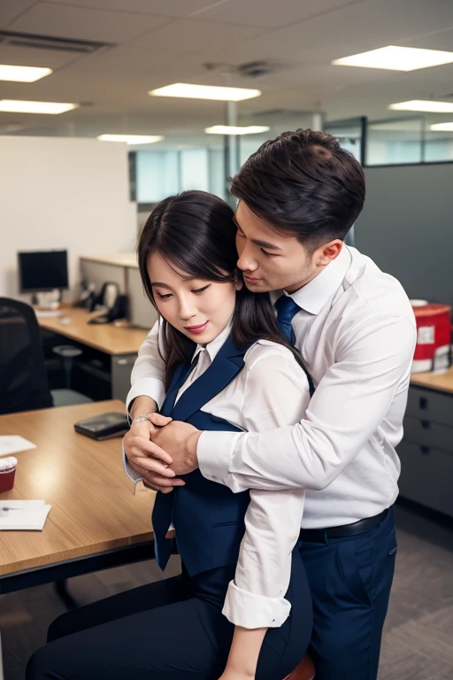 In an empty office, a 34-year-old handsome, lean-muscular boss hugs a ...