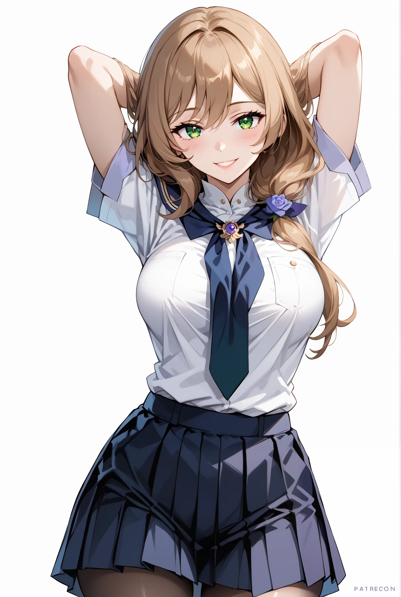 score_9, score_8_up, score_7_up, source_anime, 4K,perfect fingers,(perfect hands, perfect anatomy),prefect lighting, very aesthetic, intricate details,highly detailed background, masterpiece, high quality, best quality,
1girl,Solo,lisaminci, lisa minci, brown hair, green eyes, long hair, low tied hair, large breasts,,
wearing ((school uniform,)),
((Lower your hands forward:1.5)), ((White plain background:1.5)) , ((Seductive smile)),looking at viewer,(perfect hands, perfect anatomy),filed, high thigh individual , fullbody,Stand up,((front look:1.5)),Stand up straight,((arms behind head:1.5)),