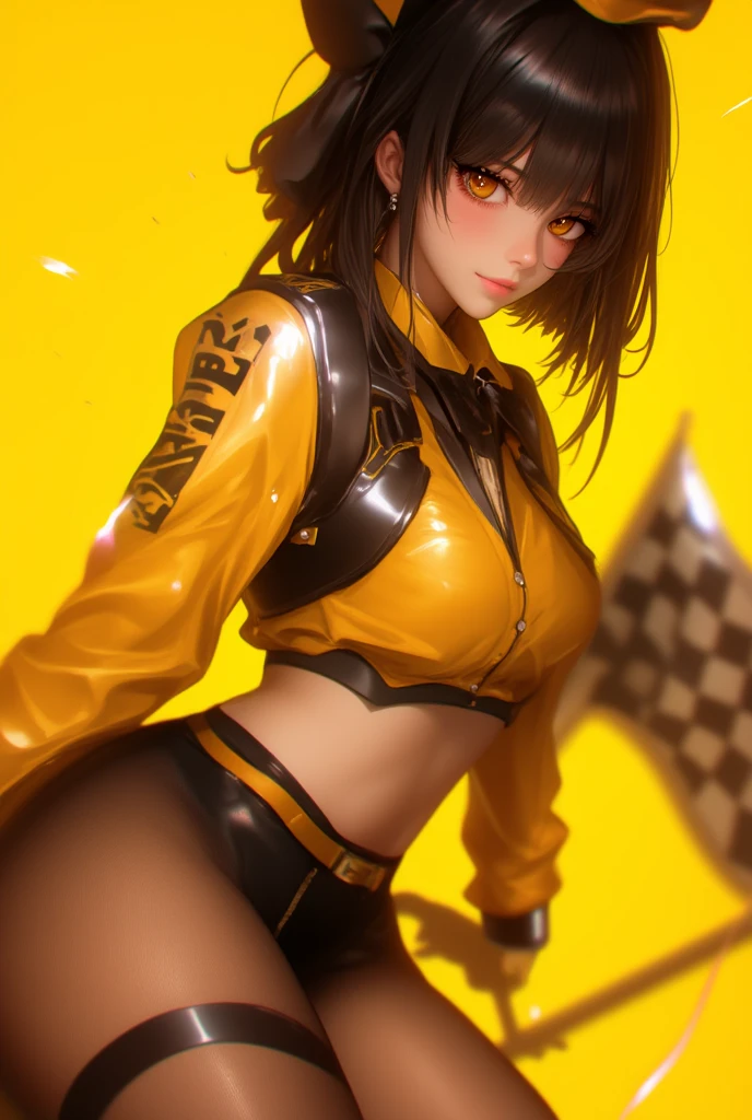 (extremely detailed fine touch:1.3), (hard light, light rays, dappled light, reflection, shadows, ray tracing:1.0), (2D:1.3), (kawaii girl: 1.3), (barcode tattoo: 1.3), super very black short hair,, highlight in eyes, smile, BREAK, (((yellow glasses:1.3))), underrim, (headphones:1.2), collar, skindentation, latex, zipper, jacket on shoulders, gloves, fingerless gloves, navel, open clothes, race queen, lace-up boots, car