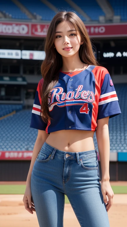 (8K, RAW Photos, Highest quality, masterpiece:1.2), Super detailed, Ultra-high resolution, (Realistic, Photorealistic:1.37), High-definition RAW color photos, Professional photos, Very delicate and beautiful, Very detailed, 8K壁紙, (Beautiful and detailed eyes)、(Beautifully detailed face),Anatomically correct body shape, Natural light whole body, woman、Japanese、20-year-old, Blonde、Short Bob、 (A shy smile:1.3), Fine and beautiful skin、Skin Texture、 (Slim waist:1.2)、(E cup bust:1.21), (cheerleader:1.21,T-Shirts,mini skirt,jacket,panty shot:1.25), (Showcasing cleavage:1.3),Standing,(raise one leg high,leg up:1.21) Sharp focus、The background is a realistic baseball field