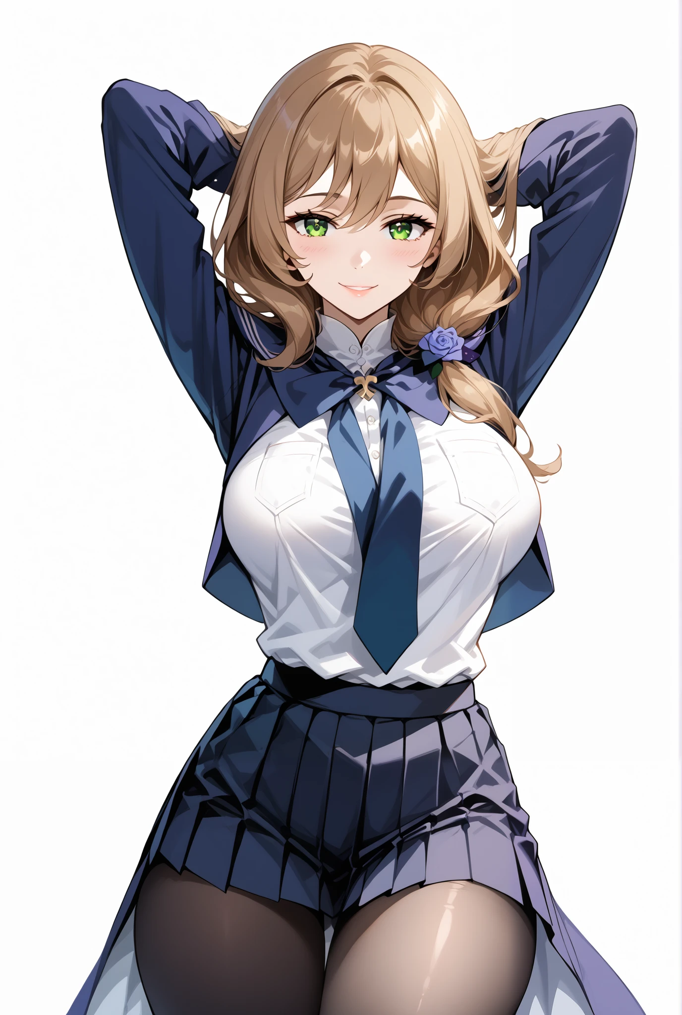 score_9, score_8_up, score_7_up, source_anime, 4K,perfect fingers,(perfect hands, perfect anatomy),prefect lighting, very aesthetic, intricate details,highly detailed background, masterpiece, high quality, best quality,
1girl,Solo,lisaminci, lisa minci, brown hair, green eyes, long hair, low tied hair, large breasts,,
wearing ((school uniform, pantyhose,)),
((Lower your hands forward:1.5)), ((White plain background:1.5)) , ((Seductive smile)),looking at viewer,(perfect hands, perfect anatomy),filed, high thigh individual , fullbody,Stand up,((front look:1.5)),Stand up straight,((arms behind head:1.5)),