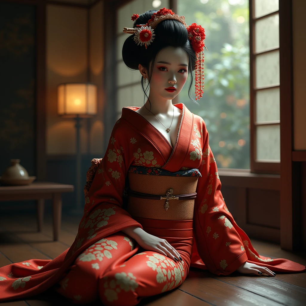 a woman large breast, cleavage, long straight two ponytail hair dressed in a detailed,vibrant red short offshoulder kimono-inspired outfit is sitting on wooden bench in a traditional Japanese setting. She wears a striking red and white kitsune mask, adorned with ribbons, The kimono wide short sleeves with black and gold. The setting includes a scroll with Japanese calligraph and the bench beside her holds traditional Japanese items, such as sake set,decorative fan,