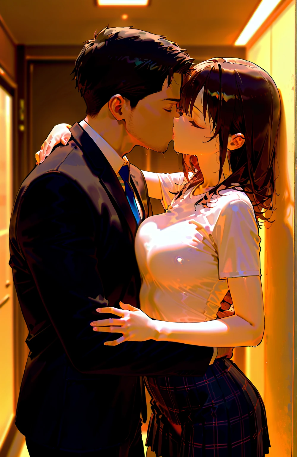 2guys、（a beauty girl、A dark-haired、Colossal tits、big bed、barechested、​masterpiece、top-quality、hight resolution）、（Sexual intercourse with a middle-aged man、grnades breasts）、in a house、Closing your eyes、Pleasure、the kiss